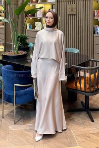 Lamelif Şal Yaka Saten Elbise Krem