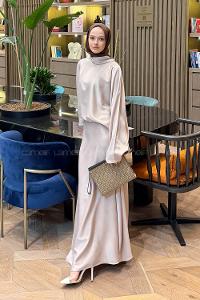 Lamelif Şal Yaka Saten Elbise Krem