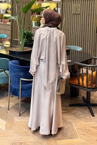 Lamelif Şal Yaka Saten Elbise Krem