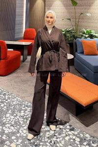 Lamelif Bağlama Detaylı Ceket Takım Acı Kahve