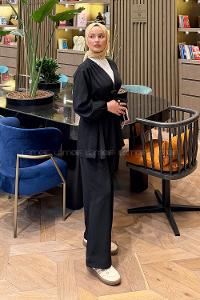 Lamelif Bağlama Detaylı Takım Siyah