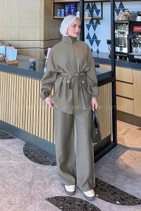 Lamelif Bağlamalı Gold Düğme Detaylı Takım Haki