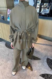 Lamelif Bağlamalı Gold Düğme Detaylı Takım Haki