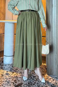 Lamelif Bel Lastikli Cep Detaylı Etek Haki