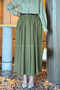 Lamelif Bel Lastikli Cep Detaylı Etek Haki