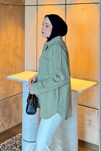 Lamelif Çıtçıtlı Gabardin Gömlek Çağla Yeşili