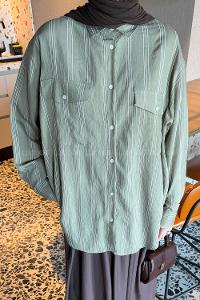 Lamelif Çizgili Cep Detaylı Gömlek Haki