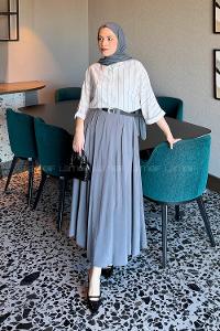 Lamelif Çizgili Yarasa Kol Gömlek Antrasit