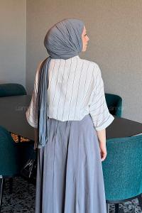 Lamelif Çizgili Yarasa Kol Gömlek Antrasit