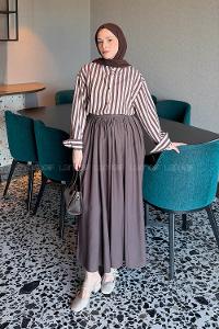 Lamelif Gold Düğmeli Çizgili Gömlek Acı Kahve