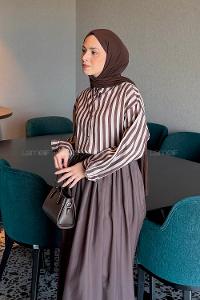 Lamelif Gold Düğmeli Çizgili Gömlek Acı Kahve