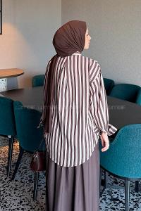 Lamelif Gold Düğmeli Çizgili Gömlek Acı Kahve