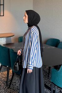Lamelif Gold Düğmeli Çizgili Gömlek Lacivert