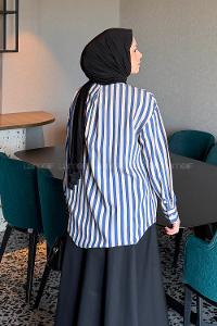 Lamelif Gold Düğmeli Çizgili Gömlek Lacivert