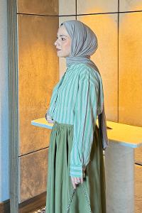 Lamelif Gold Düğmeli Çizgili Gömlek Yeşil