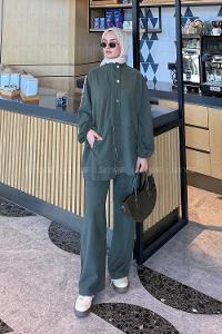 Lamelif Gold Düğmeli Fermuarlı Takım Koyu Yeşil