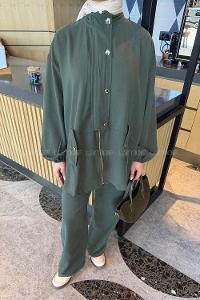 Lamelif Gold Düğmeli Fermuarlı Takım Koyu Yeşil