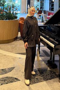 Lamelif Gold Düğmeli Fermuarlı Takım Soft Kahve