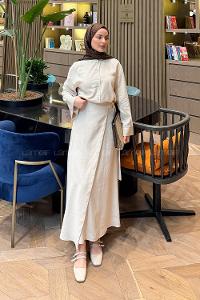 Lamelif Gömlek-Etek Tesettür Takım Bej