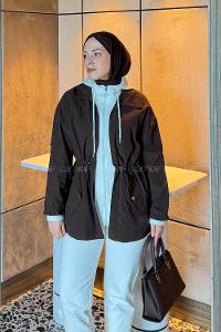 Lamelif Kapüşonlu Garnili Yağmurluk Acı Kahve