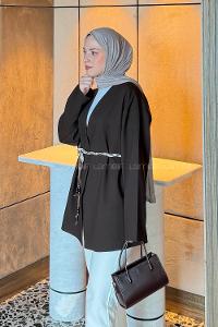 Lamelif Kemerli Tesettür Ceket Kahverengi