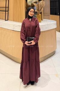 Claret Red Mandarin Collar Cotton Unprinted Dresess