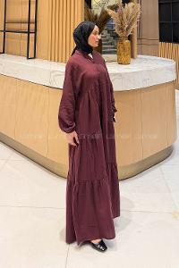 Claret Red Mandarin Collar Cotton Unprinted Dresess