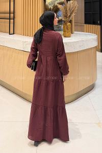 Claret Red Mandarin Collar Cotton Unprinted Dresess