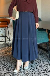 Lamelif Pileli Kemerli Etek Lacivert