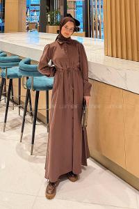 Lamelif Pile Detaylı Elbise Kahve