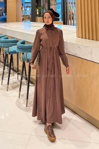 Lamelif Pile Detaylı Elbise Kahve