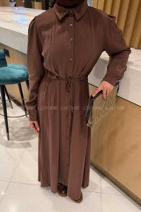 Lamelif Pile Detaylı Elbise Kahve