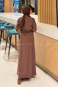 Lamelif Pile Detaylı Elbise Kahve