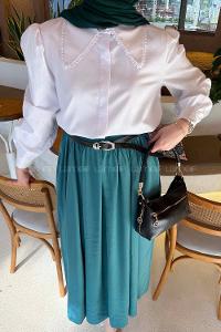 Lamelif Bebe Yaka Dantel Dikişli Gömlek Beyaz