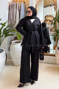 Lamelif Brit Düğmeli Gömlek-Pantolon Takım Siyah