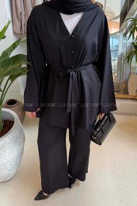 Lamelif Brit Düğmeli Gömlek-Pantolon Takım Siyah