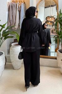 Lamelif Brit Düğmeli Gömlek-Pantolon Takım Siyah