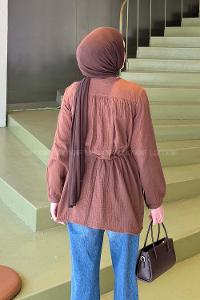 Brown Crew Neck Long Arm Cotton Fabric Shirt