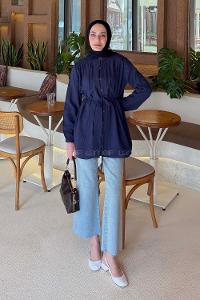 Navy Blue Crew Neck Long Arm Cotton Fabric Shirt