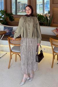 Lamelif Büzgü Detaylı Tesettür Gömlek Haki