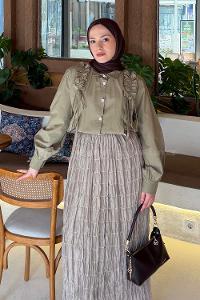 Lamelif Büzgü Detaylı Tesettür Gömlek Haki