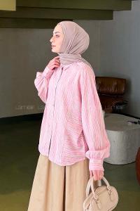 Pink Shirt Collar Long Arm Viscose Fabric Shirt