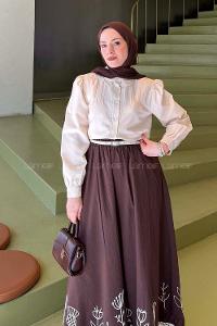 Cream Shirt Collar Long Arm Viscose Fabric Shirt