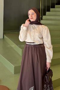 Cream Shirt Collar Long Arm Viscose Fabric Shirt