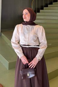 Cream Shirt Collar Long Arm Viscose Fabric Shirt