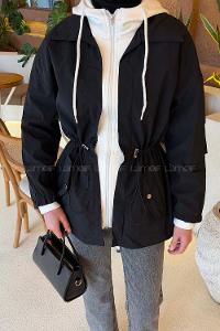 Lamelif Kapüşonlu Garnili Yağmurluk Siyah