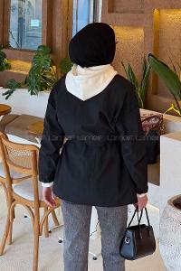 Lamelif Kapüşonlu Garnili Yağmurluk Siyah