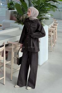 Lamelif Bağlama Detaylı Denim Takım Koyu Kahverengi