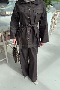 Lamelif Bağlama Detaylı Denim Takım Koyu Kahverengi