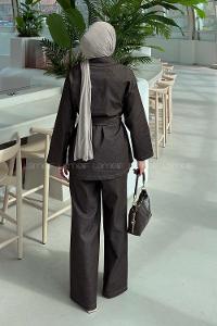 Lamelif Bağlama Detaylı Denim Takım Koyu Kahverengi